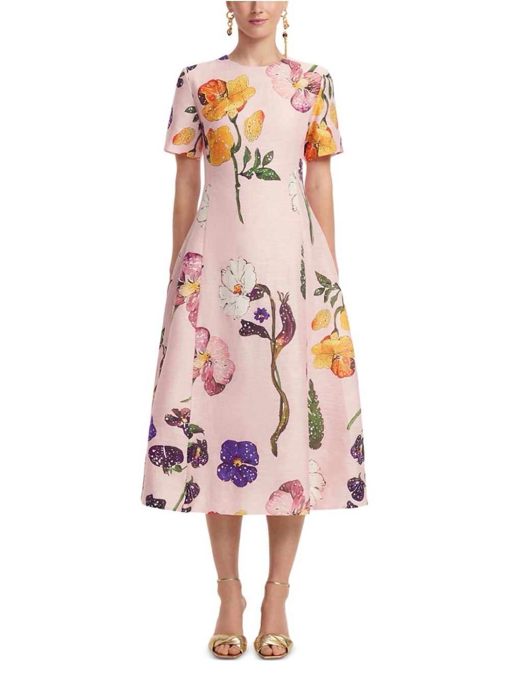 NWT LEO LIN Caroline Floral Linen Midi Dress Pink Size 2 US